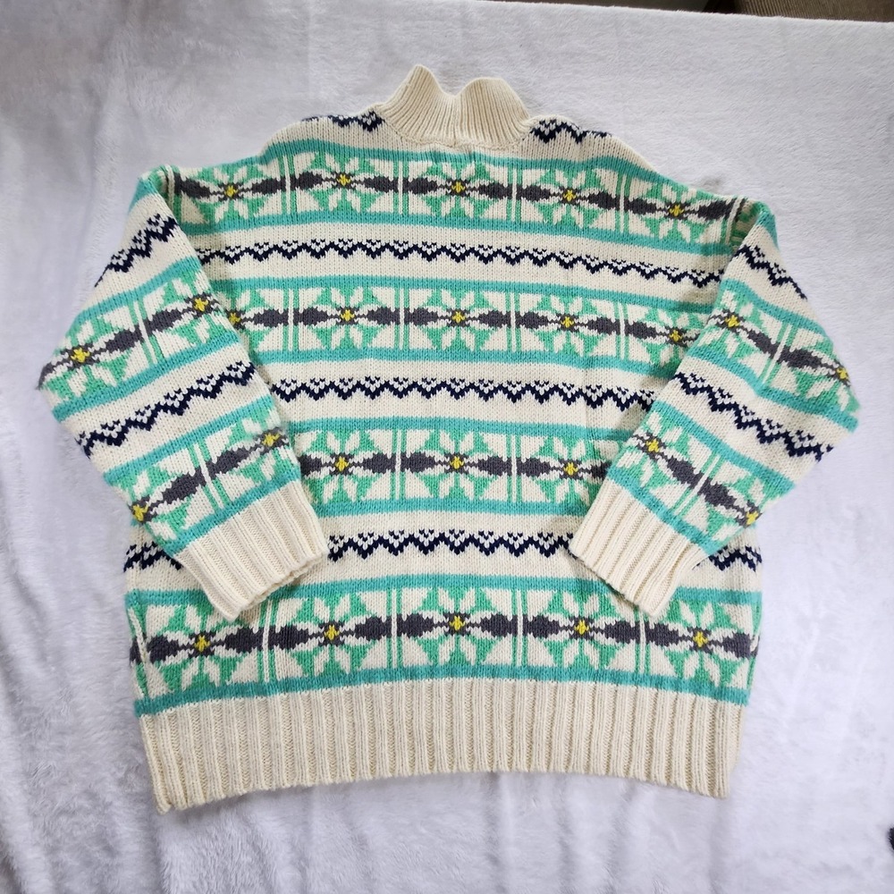 AMERICAN EAGLE AE Oversized Fairisle Mock Neck‎ Sweater M Green Ivory Cottage - Picture 3 of 6